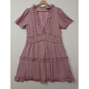 Trixxi Fit & Flare Ruffle Trim Womens XL Mini Dress Pink Mauve Boho Lined V-Neck